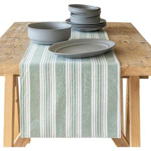 imageoverampampback 18x90 Printed Cotton Table Runner  Washable Table Runners for a Custom Home Decor Tablescape  Perfect for Coffee Table Dinner Table Living Room and More  Pink BloomGreen Woven Stripe