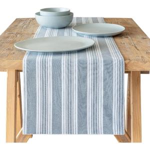 imageoverampampback 18x90 Printed Cotton Table Runner  Washable Table Runners for a Custom Home Decor Tablescape  Perfect for Coffee Table Dinner Table Living Room and More  Pink BloomBlue Woven Stripe