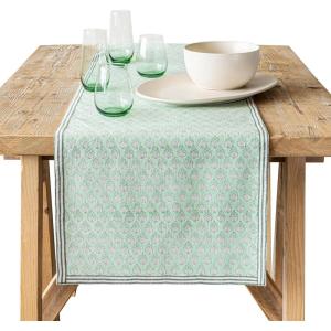imageoverampampback 18x90 Washed 100 Linen Table Runner  Washable Table Runners for a Custom Home Decor Tablescape  Perfect for Coffee Table Dinner Table Living Room and More  PinkGreen Leaf
