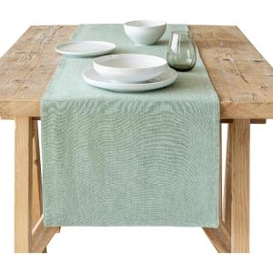 imageoverampampback 18x90 Washed 100 Linen Table Runner  Washable Table Runners for a Custom Home Decor Tablescape  Perfect for Coffee Table Dinner Table Living Room and More  PinkGreen Chambray