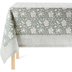 imageoverampampback HandScreened Tablecloth  Dining Table Cover  Each Tablecloth is Unique  100 Cotton  Machine Washable  Kitchen and Home Decor  Blue Flower  70x90Green Floral