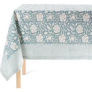 imageoverampampback HandScreened Tablecloth  Dining Table Cover  Each Tablecloth is Unique  100 Cotton  Machine Washable  Kitchen and Home Decor  Blue Flower  70x90Blue Floral