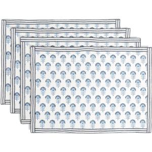 imageoverampampback Set of 4 HandBlocked Placemats  Colorful Dining Table Mat  Each Placemat is Unique  100 Cotton  Machine Washable  Kitchen and Home Decor  Pink BlossomBlue Flower