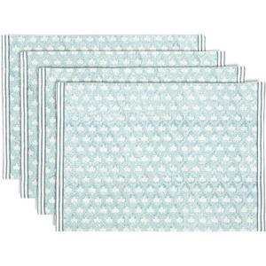 imageoverampampback Set of 4 HandBlocked Placemats  Colorful Dining Table Mat  Each Placemat is Unique  100 Cotton  Machine Washable  Kitchen and Home Decor  Pink BlossomBlue Leaf