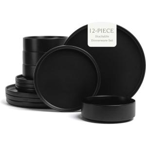 imageoverampampback 16Piece Stackable Dinnerware Dish Set  Stoneware Dishes  Includes 4 Dinner Plates 4 Salad Plates 4 Cereal Bowls and 4 Dinner Bowls  AllOccasion Place Settings  SemiMatte CharcoalBlack
