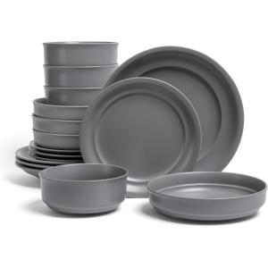 imageoverampampback Rim Dinnerware Set  Stoneware Dishes  Comes with 4 Dinner Plates 4 Cereal Bowls and 4 Dinner Bowls  12Piece AllOccasion Place Settings  Serves Four  SemiMatte SageCharcoal