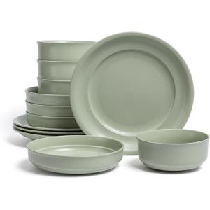imageoverampampback Rim Dinnerware Set  Stoneware Dishes  Comes with 4 Dinner Plates 4 Cereal Bowls and 4 Dinner Bowls  12Piece AllOccasion Place Settings  Serves Four  SemiMatte SageSage