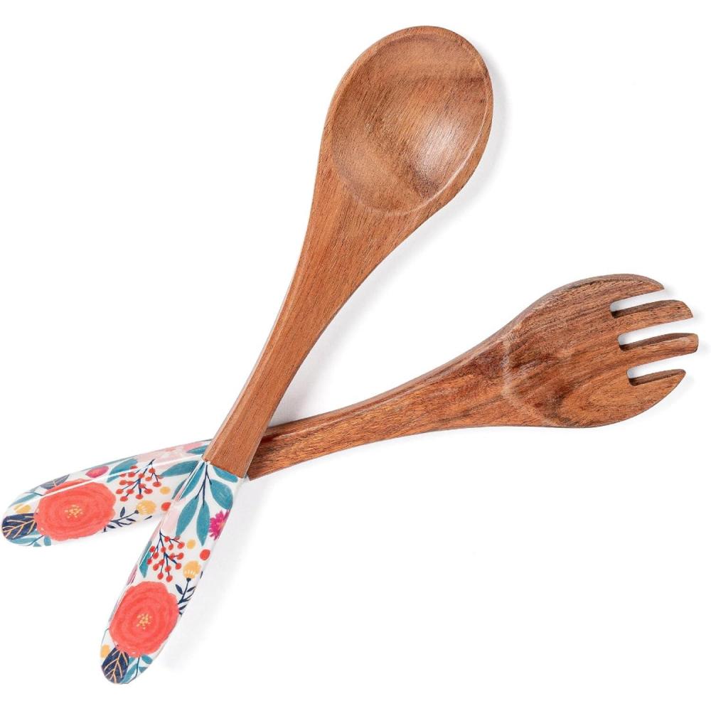 imageoverampampback 2pc 12quot Wooden Serving Utensils by Jess Phoenix  Wood Fork and Spoon Set to Serve Meals and Mix Salad  Pairs with all our Acacia ServewareServing Set