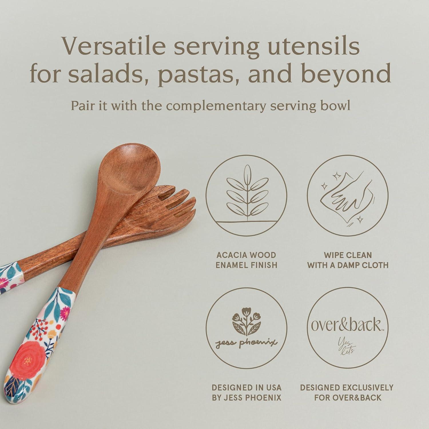 imageoverampampback 2pc 12quot Wooden Serving Utensils by Jess Phoenix  Wood Fork and Spoon Set to Serve Meals and Mix Salad  Pairs with all our Acacia ServewareServing Set