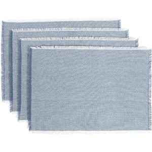 image:imageOverampBack Set of 4 Washed 100Linen Woven Placemats  Colorful Dining Table Mat  Machine Washable  Kitchen and Home Decor  BlueBlue Frayed