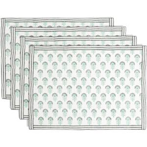 image:imageOverampBack Set of 4 Washed 100Linen Woven Placemats  Colorful Dining Table Mat  Machine Washable  Kitchen and Home Decor  BlueGreen Flower