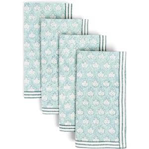 image:imageoverampback Cloth Napkins Set  Cotton Block Print Napkins Reusable amp Washable  Decorative Dinner Cocktail Floral Spring Table Napkins Cloth for Home or Events  Blue ArchBlue Leaf